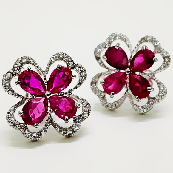 Sterling Silver Embedded Rubies Indian Handmade Women Earrings - Picture 1 of 5